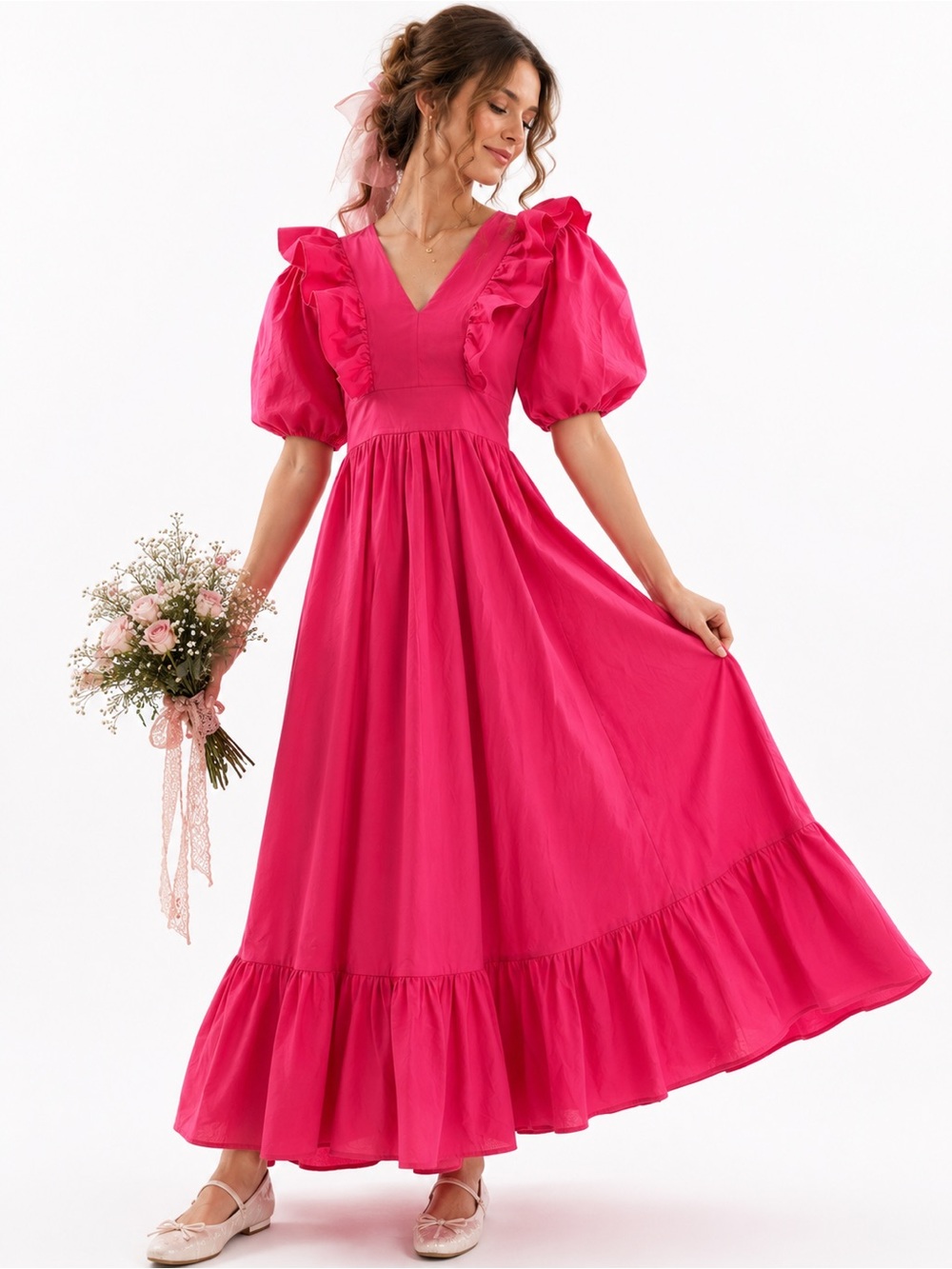 Karlie Hot Pink Ruffle Puff Sleeve Cotton Maxi Dress Size Small